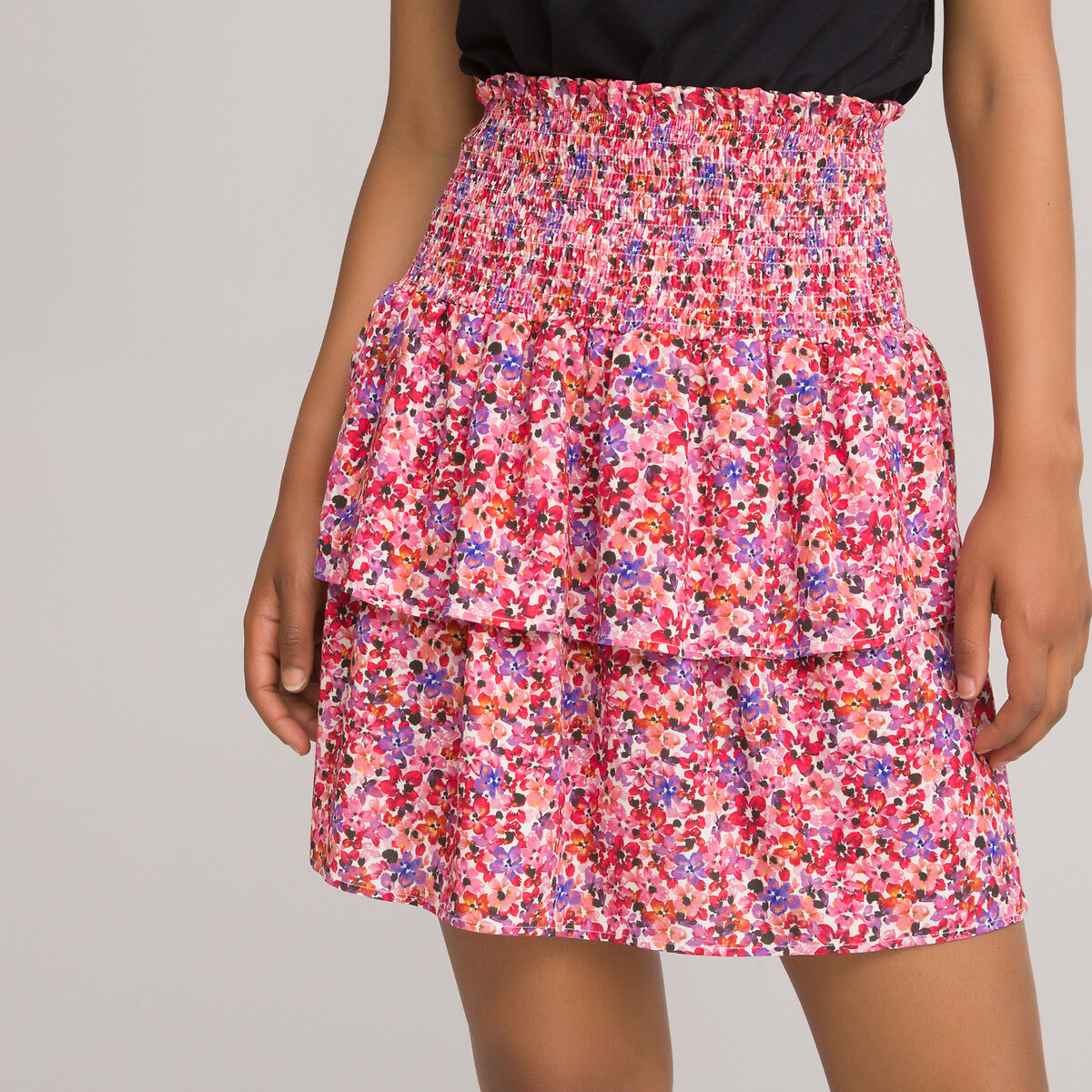 Floral ruffled mini skirt with shirred ...